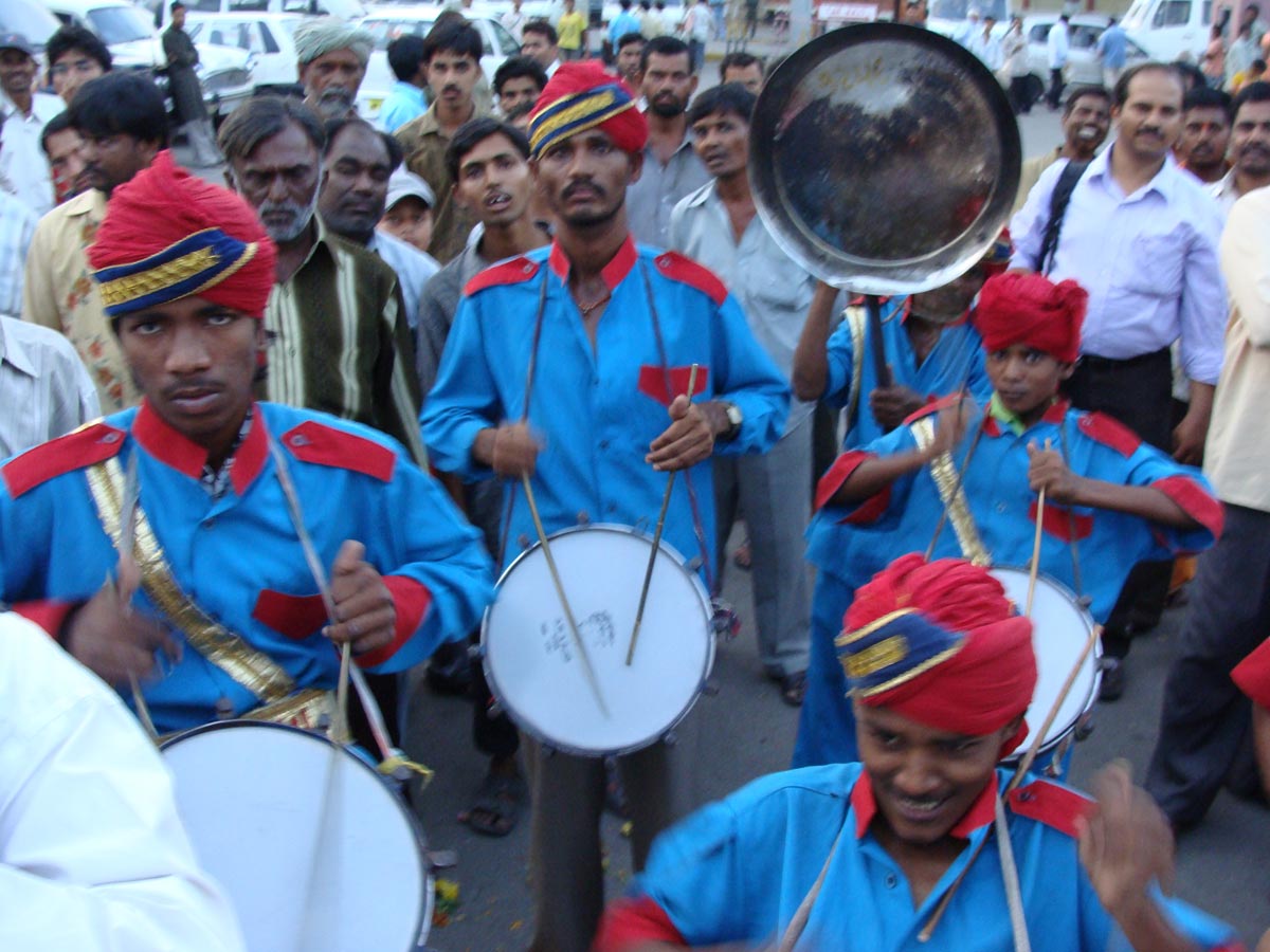 Drummers greet our arrival in Hyderabad
